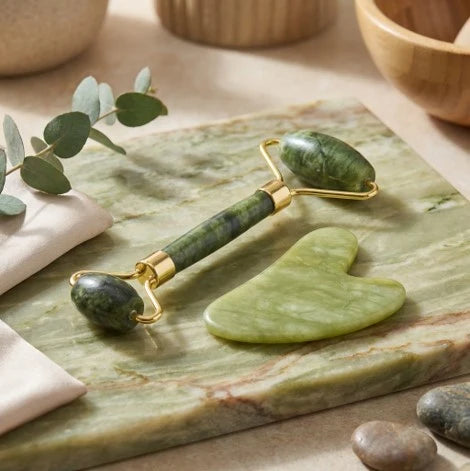 Jade Face Roller & Gua Sha Stone Set | Facial Massage Tool