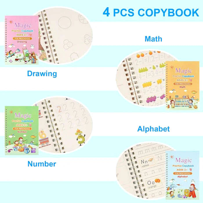 Sank Magic Calligraphy Practice Book Set (Pack of 4) | Reusable Writing Books for Kids