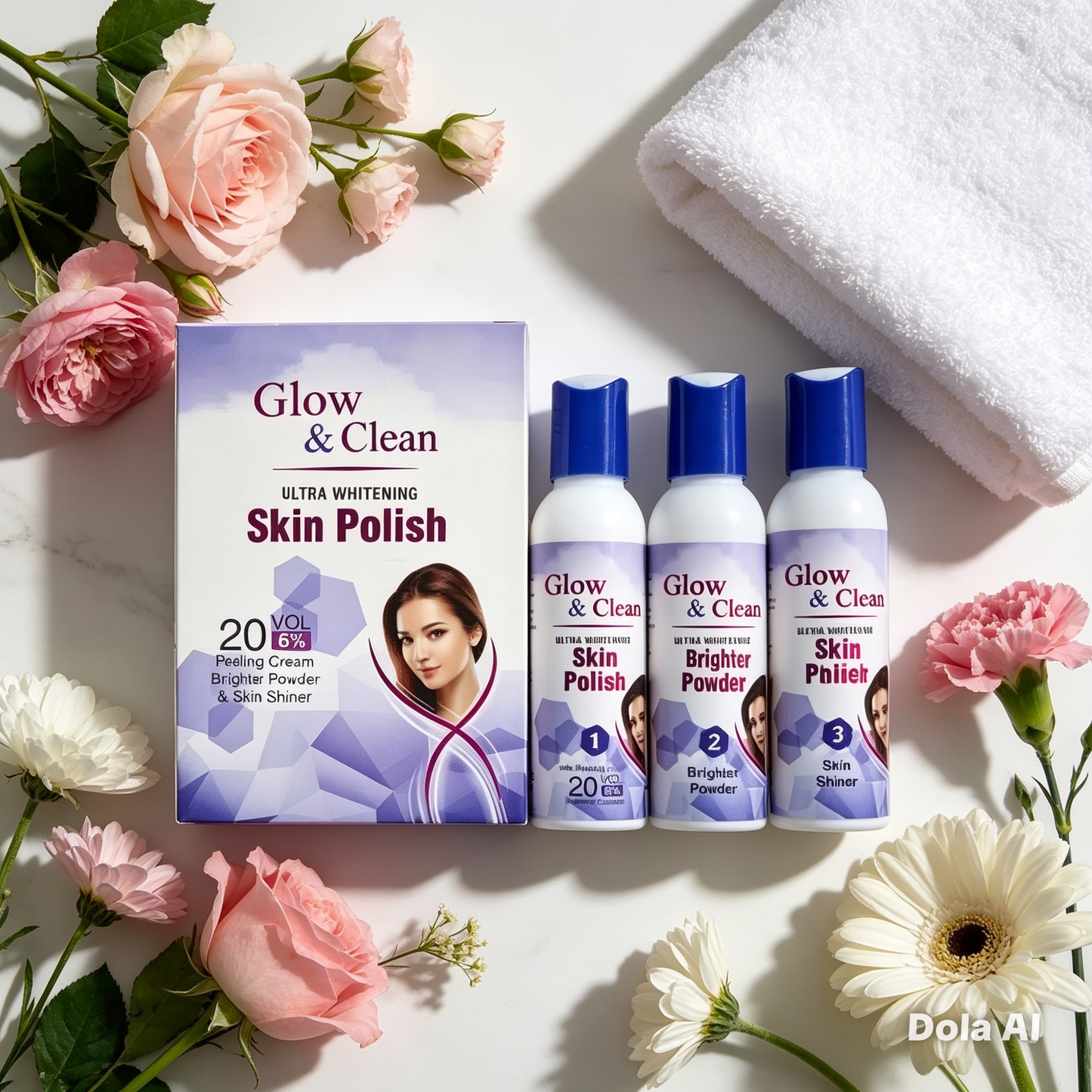 Glow & Clean Ultra Whitening Skin Polish 3 Step Set – 20 Vol 6% Peeling Cream & Brightening Kit