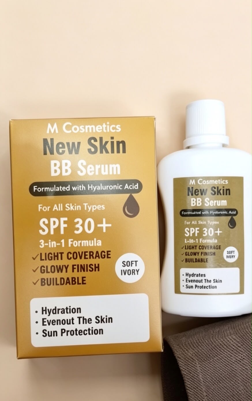 M Cosmetics New Skin BB Serum SPF 30+ | Hyaluronic Acid Infused, Soft Ivory